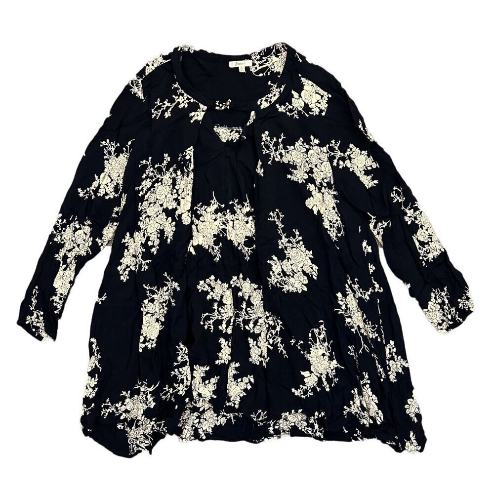 Jodifl Women's Tunic Top Size S Black White Floral Long Sleeves Rayon Blouse GUC